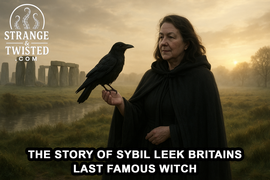 Sybil Leek stands in a misty English field near Stonehenge, wearing a black cloak and holding a raven under golden morning light. By Strange & Twisted