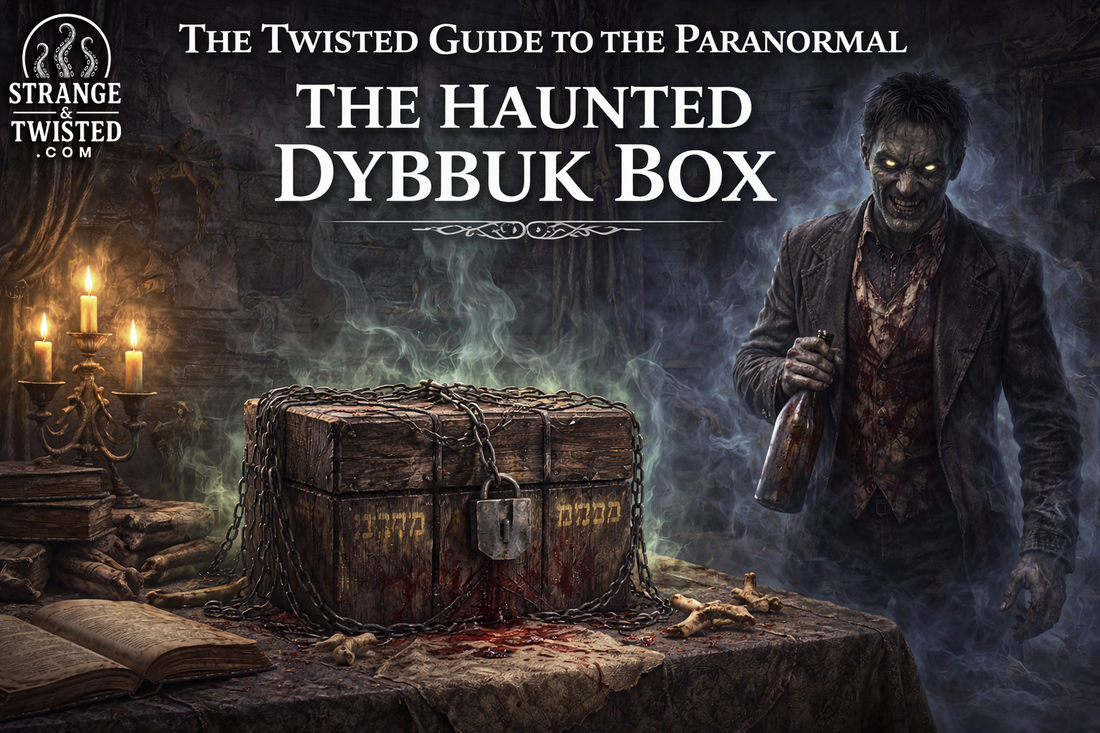 Haunted Dybbuk Box chained and sealed with eerie spirit standing beside it holding bottle, The Twisted Guide To The Paranormal blog hero image