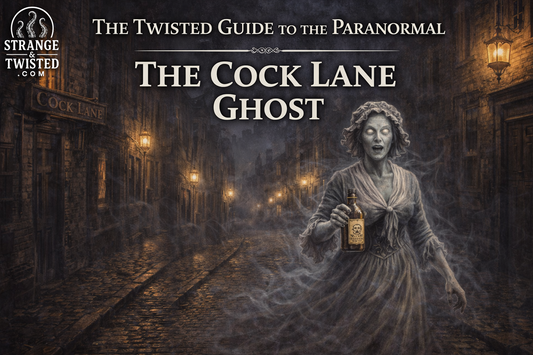 Cock Lane Ghost Scratching Fanny holding arsenic bottle in 18th century London street, The Twisted Guide To The Paranormal blog hero image