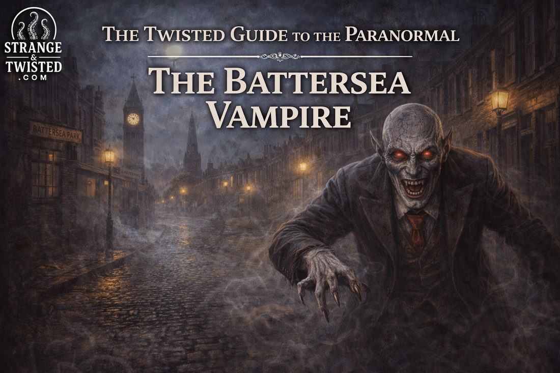Battersea Vampire stalking foggy London street in 1922 with glowing red eyes, The Twisted Guide To The Paranormal blog hero image