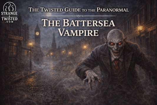 Battersea Vampire stalking foggy London street in 1922 with glowing red eyes, The Twisted Guide To The Paranormal blog hero image
