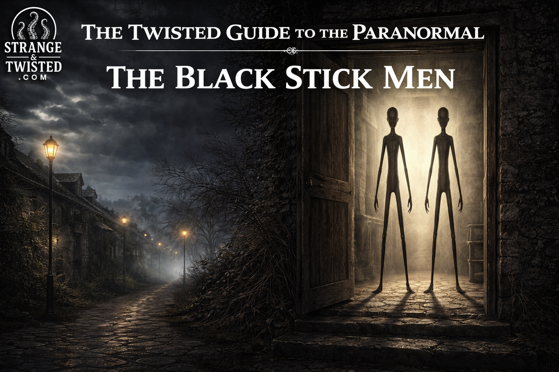 Black Stick Men paranormal entities standing in doorway at night with foggy village setting, The Twisted Guide To The Paranormal blog hero image
