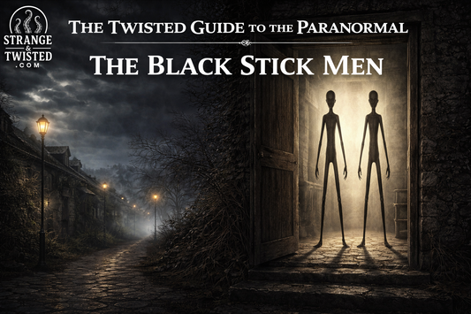 Black Stick Men paranormal entities standing in doorway at night with foggy village setting, The Twisted Guide To The Paranormal blog hero image