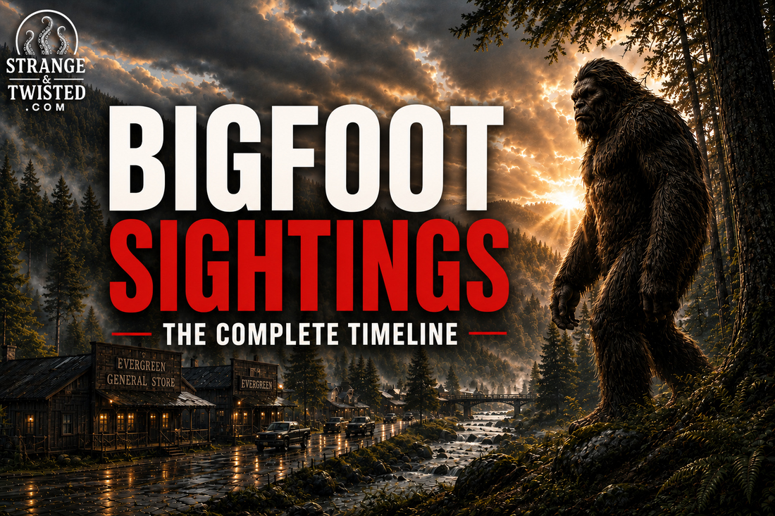 Realistic Bigfoot timeline artwork featuring a towering Sasquatch beside a forest valley town with moody skies and paranormal documentary style atmosphere. The complete timeline of Bigfoot sightings by Strange & Twisted