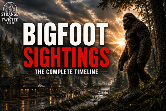 Realistic Bigfoot timeline artwork featuring a towering Sasquatch beside a forest valley town with moody skies and paranormal documentary style atmosphere. The complete timeline of Bigfoot sightings by Strange & Twisted