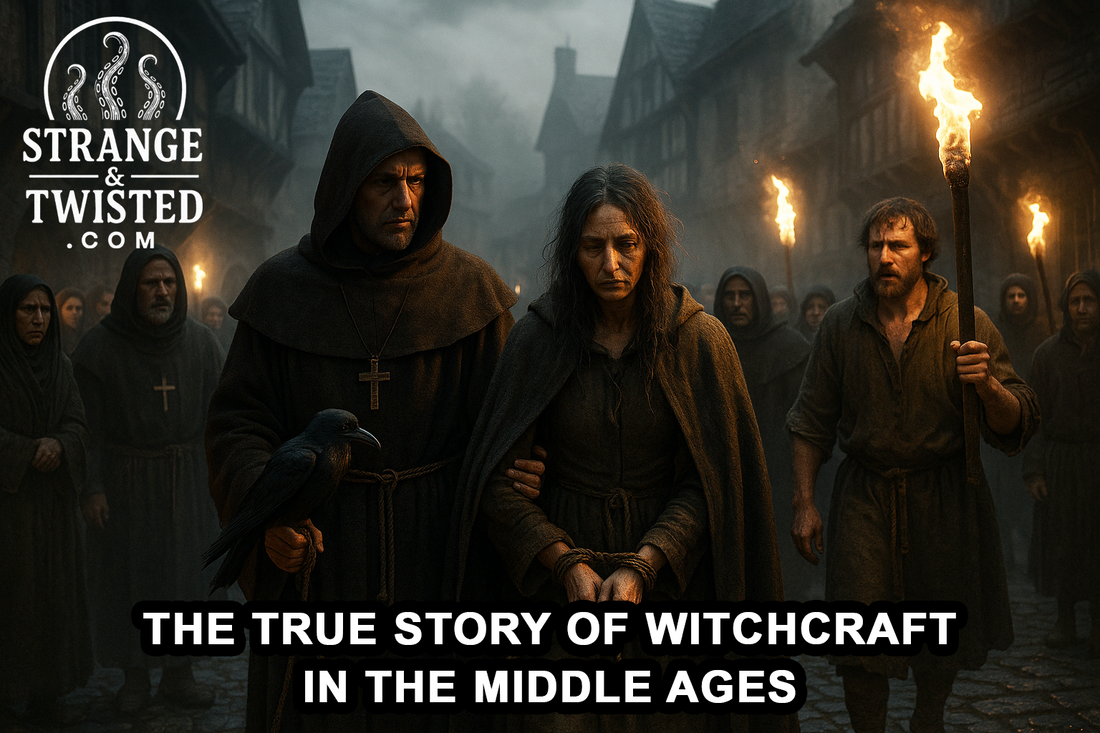 A suspected witch is led through a medieval village at night by monks carrying torches, surrounded by fearful villagers on misty cobblestone streets. By Strange & Twisted