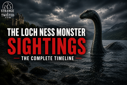Cinematic Loch Ness Monster sightings timeline banner featuring a realistic Nessie emerging from the dark waters of Loch Ness beside a Scottish castle. The Complete Timeline Of Loch Ness Monster Sightings by Strange & Twisted