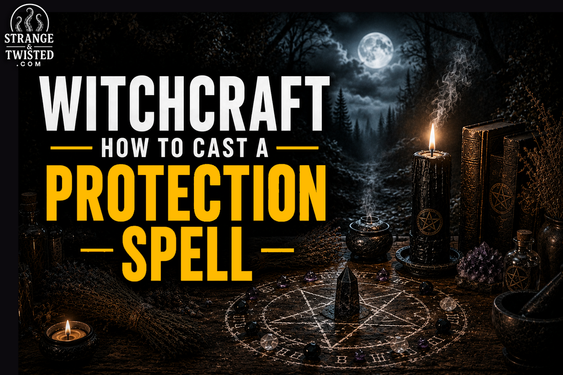Cinematic witchcraft blog banner featuring a candlelit occult altar and the text How To Cast A Protection Spell in bold documentary-style typography. Strange & Twisted
