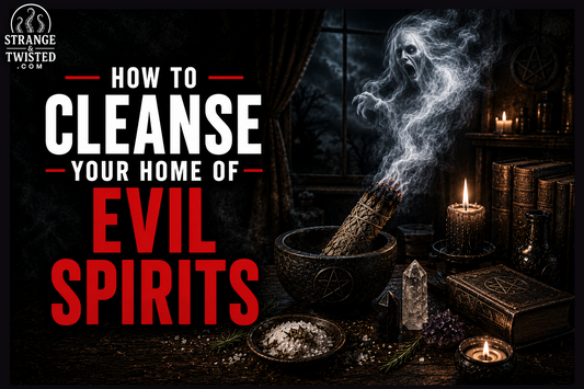 How To Cleanse Your Home Of Evil Spirits Guide. Dark supernatural blog hero image showing a smoky ghost emerging from sage smoke beside candles, crystals, and occult books during a home cleansing ritua