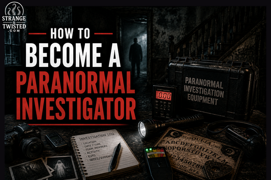 How to become a paranormal investigator guide. Realistic paranormal investigation artwork featuring ghost hunting gear, a haunted interior, and cinematic horror atmosphere with professional typography.