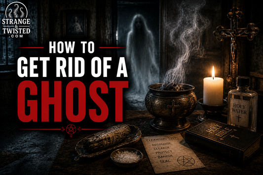 How to get rid of a ghost the complete guide. Paranormal themed hero image showing a ghost apparition beside holy water, sage smoke, and occult cleansing objects in a cinematic haunted setting.