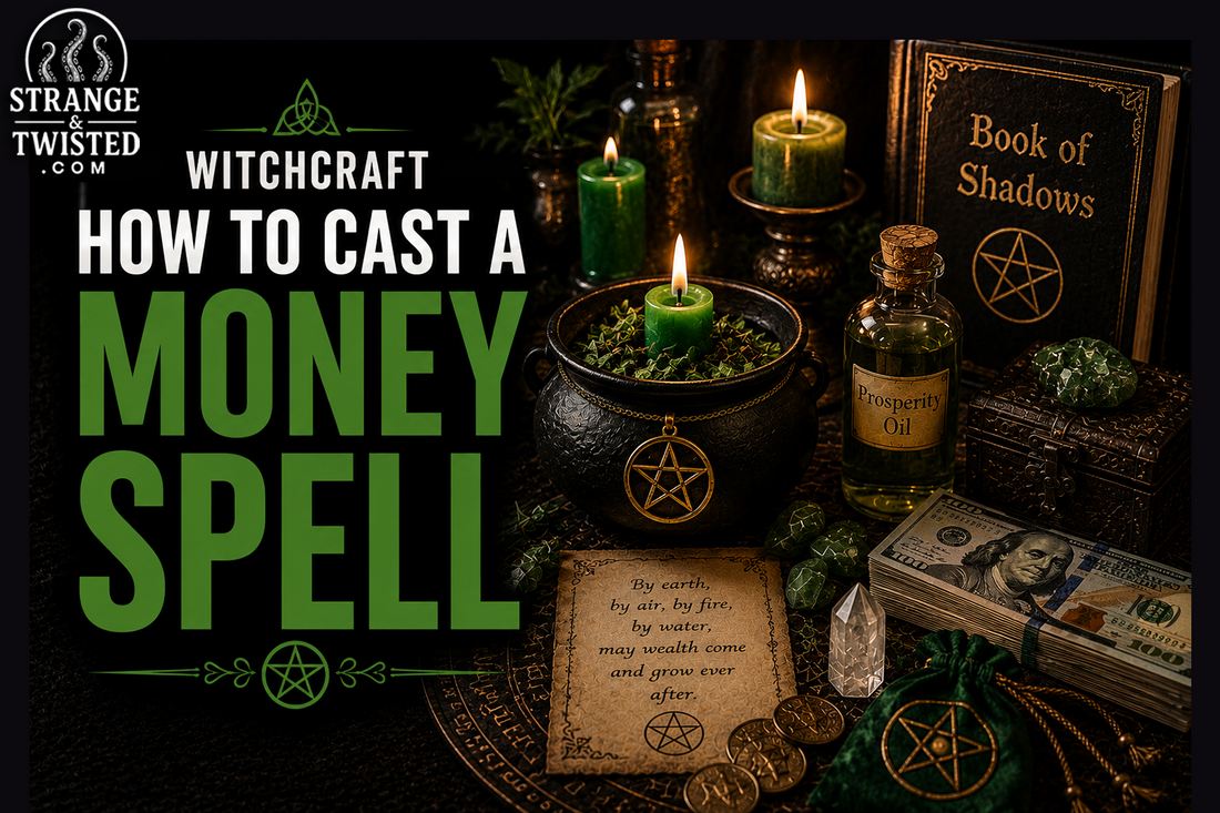 Dark occult hero image showing the words “HOW TO CAST A MONEY SPELL” with a mystical witchcraft altar filled with candles, crystals, coins, and prosperity ritual objects.