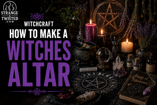 Dark occult hero image showing the words “HOW TO MAKE A WITCHES ALTAR” with a detailed witchcraft altar featuring pentagrams, herbs, candles, and a Book of Shadows.