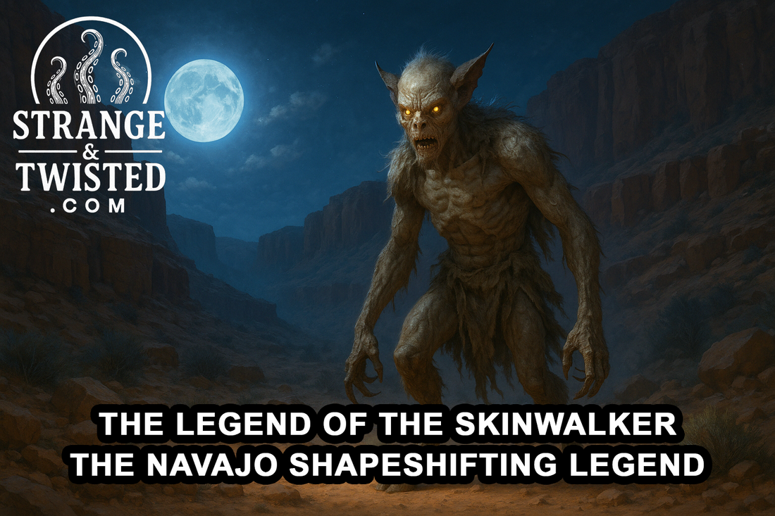 Ultra HD photorealistic image of a Skinwalker in a moonlit desert canyon, its twisted humanoid body illuminated by moonlight, glowing yellow eyes, and cracked skin casting eerie shadows against red rock cliffs. By Strange & Twisted