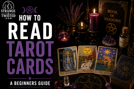 Realistic occult artwork featuring the text “HOW TO READ TAROT CARDS A BEGINNERS GUIDE” with tarot decks, magical symbols, purple candles, and gothic divination aesthetic.