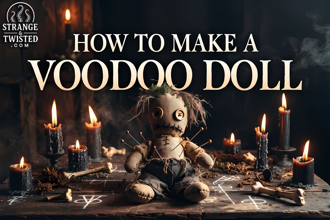 How to Make a Voodoo Doll The Real Method - Dark and atmospheric hero image featuring a traditional voodoo doll with pins, candles, and occult ritual items