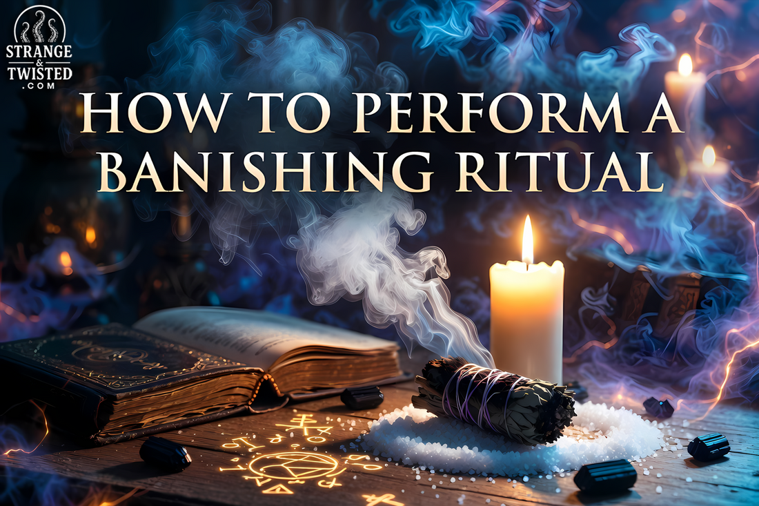 How to Perform a Banishing Ritual - Atmospheric hero image showing a spiritual cleansing ritual with white candle, sage smoke, protective salt, and magical symbols on a dark altar