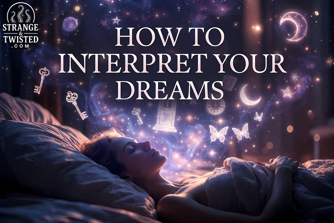 How to Interpret Your Dreams - Dreamy hero image showing a sleeping woman surrounded by symbolic dream elements like keys, butterflies, moons and stars in a mystical cosmic atmosphere