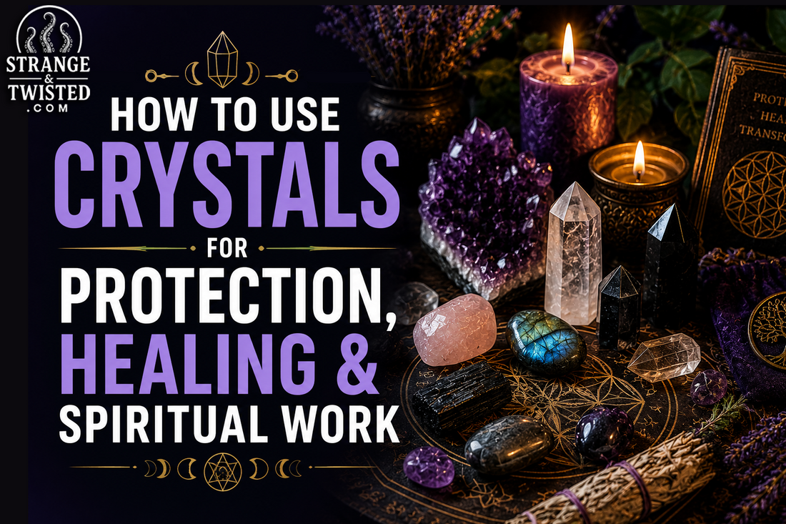 Realistic crystal healing artwork featuring the text “HOW TO USE CRYSTALS FOR PROTECTION, HEALING & SPIRITUAL WORK” with protective stones, purple candles, sacred symbols, and spiritual ritual objects.