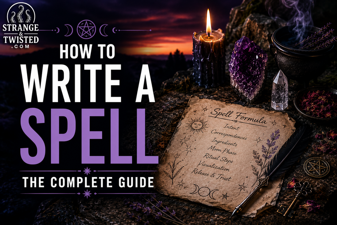 Realistic witchcraft artwork featuring the text “HOW TO WRITE A SPELL THE COMPLETE GUIDE” with glowing candles, spell ingredients, enchanted parchment, and gothic occult aesthetic.
