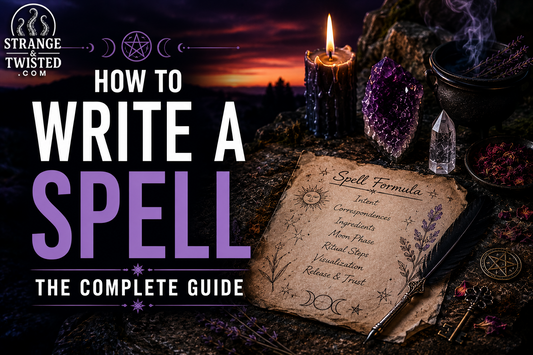 Realistic witchcraft artwork featuring the text “HOW TO WRITE A SPELL THE COMPLETE GUIDE” with glowing candles, spell ingredients, enchanted parchment, and gothic occult aesthetic.