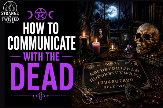 Cinematic paranormal banner featuring the text “HOW TO COMMUNICATE WITH THE DEAD” beside a Ouija board, candles, skull, crystal ball, and occult séance setup.