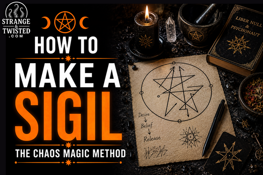 Dark occult hero image showing the words “HOW TO MAKE A SIGIL THE CHAOS MAGIC METHOD” with a realistic chaos magic ritual setup and glowing orange mystical atmosphere.