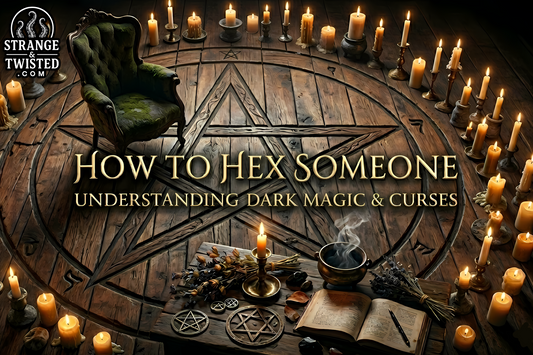 Dark occult ritual scene on a wooden pentagram floor, surrounded by a circle of candles, with an armchair, grimoire, and cauldron, for a blog post on "How to Hex Someone and Understanding Dark Magic.