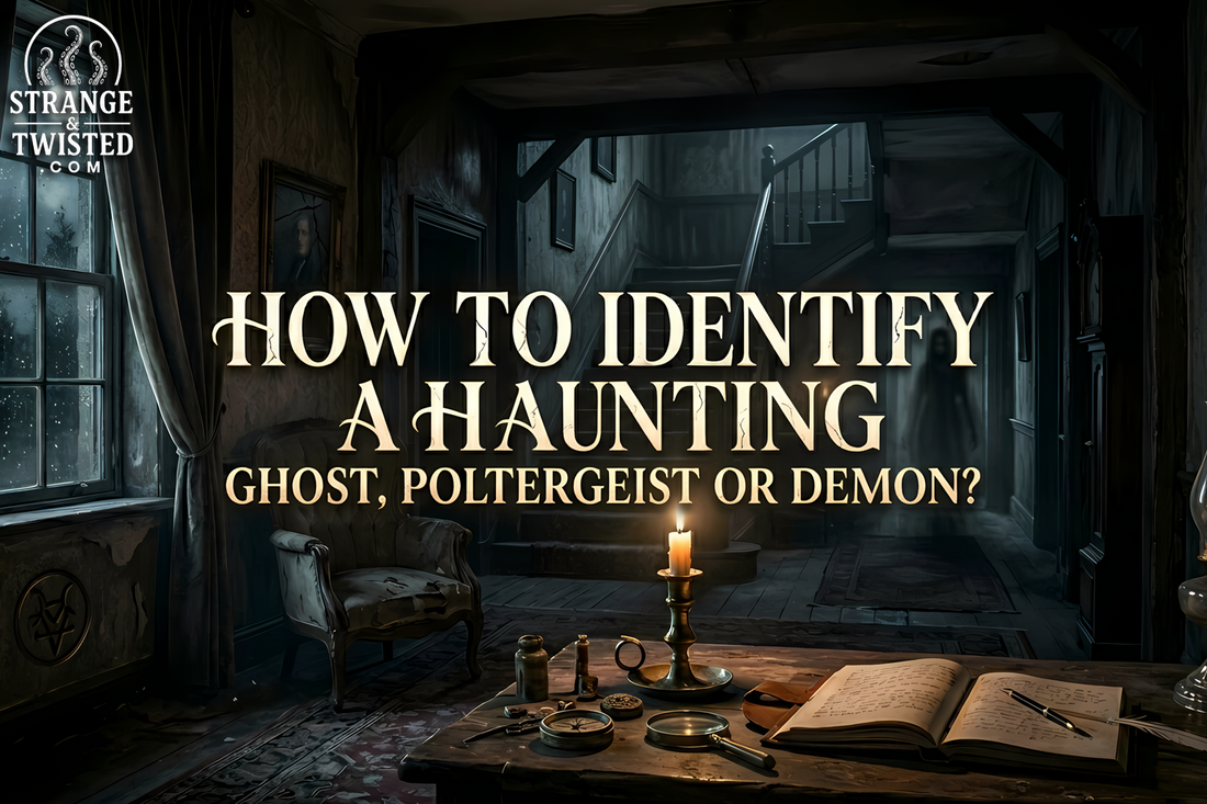 Paranormal investigation concept image showing an eerie haunted house interior with levitating objects and a guide title for identifying ghosts, poltergeists, and demons.