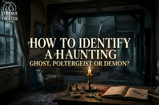 Paranormal investigation concept image showing an eerie haunted house interior with levitating objects and a guide title for identifying ghosts, poltergeists, and demons.