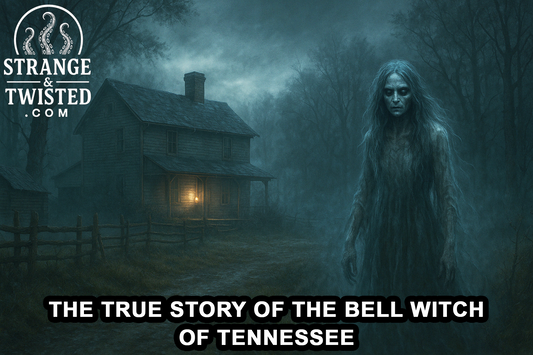 The Bell Witch stands ghostly and pale near a misty Tennessee farmhouse at night, her hollow eyes glowing faintly under lantern light and fog. By Strange & Twisted