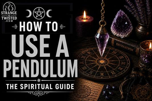 Realistic mystical artwork featuring the text “HOW TO USE A PENDULUM” and “THE SPIRITUAL GUIDE” with glowing candles, crystal pendulum, sacred symbols, and cinematic spiritual aesthetic.