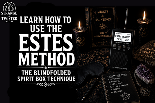 Dark ghost hunting hero image showing the words “LEARN HOW TO USE THE ESTES METHOD” and “THE BLINDFOLDED SPIRIT BOX TECHNIQUE” with realistic paranormal investigation equipment and cinematic horror atmosphere.