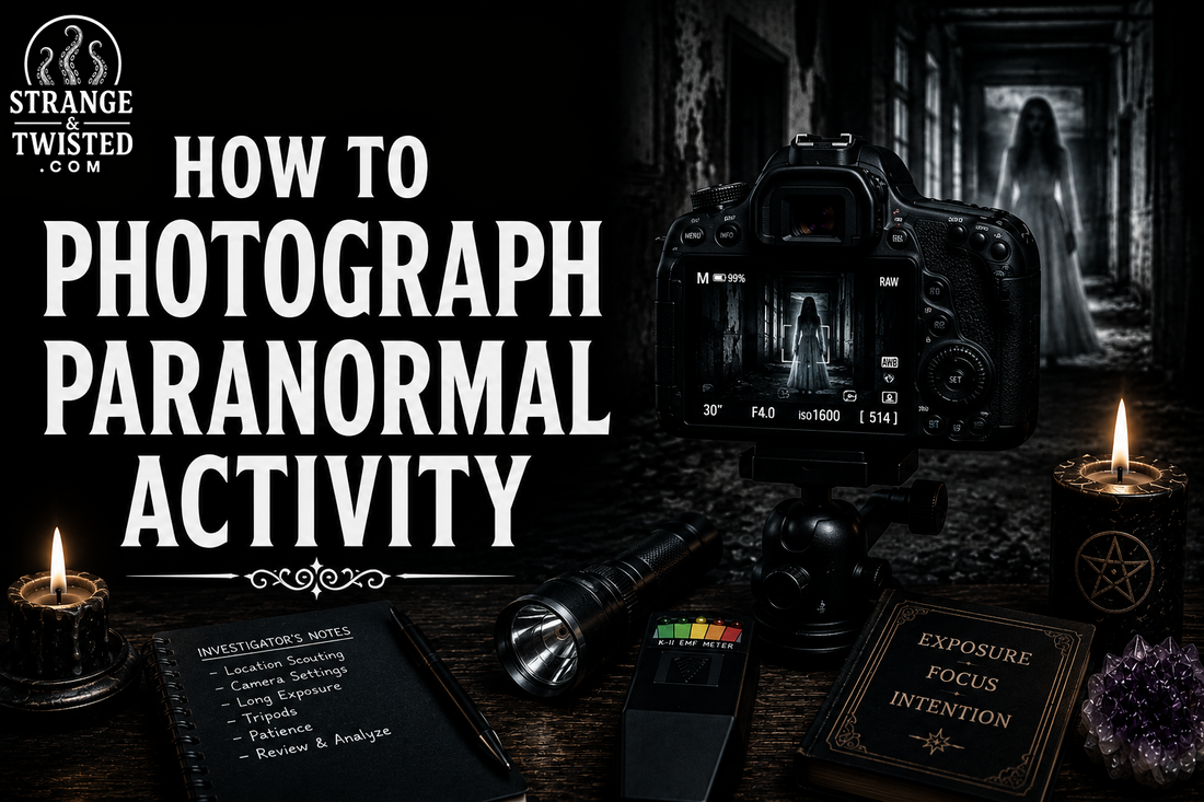 Dark ghost hunting hero image showing the words “HOW TO PHOTOGRAPH PARANORMAL ACTIVITY” with realistic paranormal investigation equipment and cinematic horror atmosphere.
