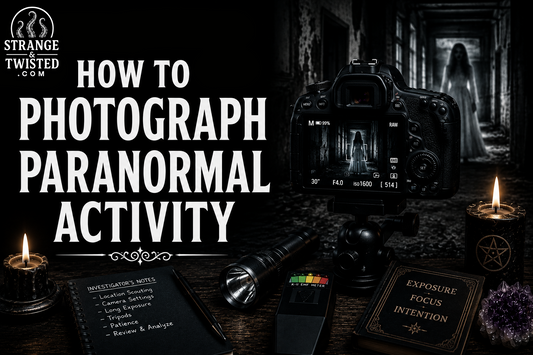 Dark ghost hunting hero image showing the words “HOW TO PHOTOGRAPH PARANORMAL ACTIVITY” with realistic paranormal investigation equipment and cinematic horror atmosphere.