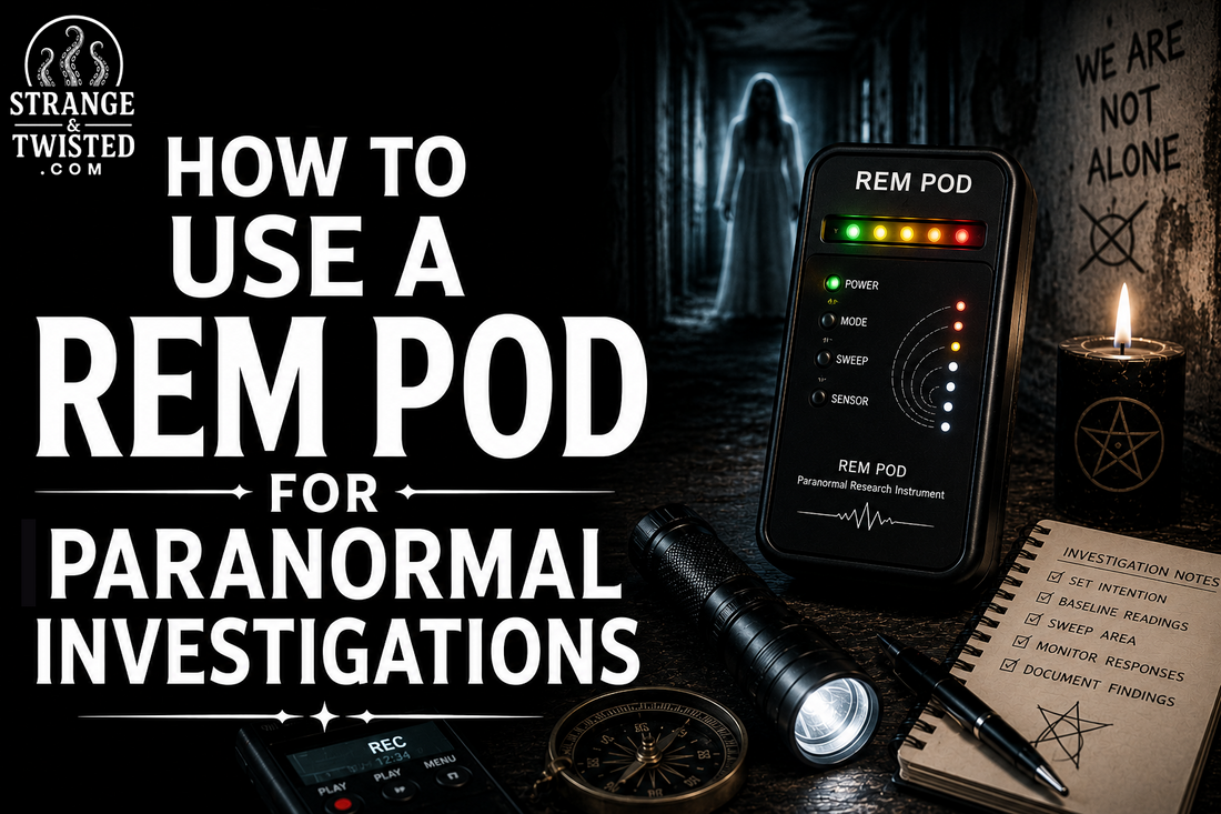 Dark ghost hunting hero image showing the words “HOW TO USE A REM POD FOR PARANORMAL INVESTIGATIONS” with realistic paranormal investigation tools and cinematic horror atmosphere.