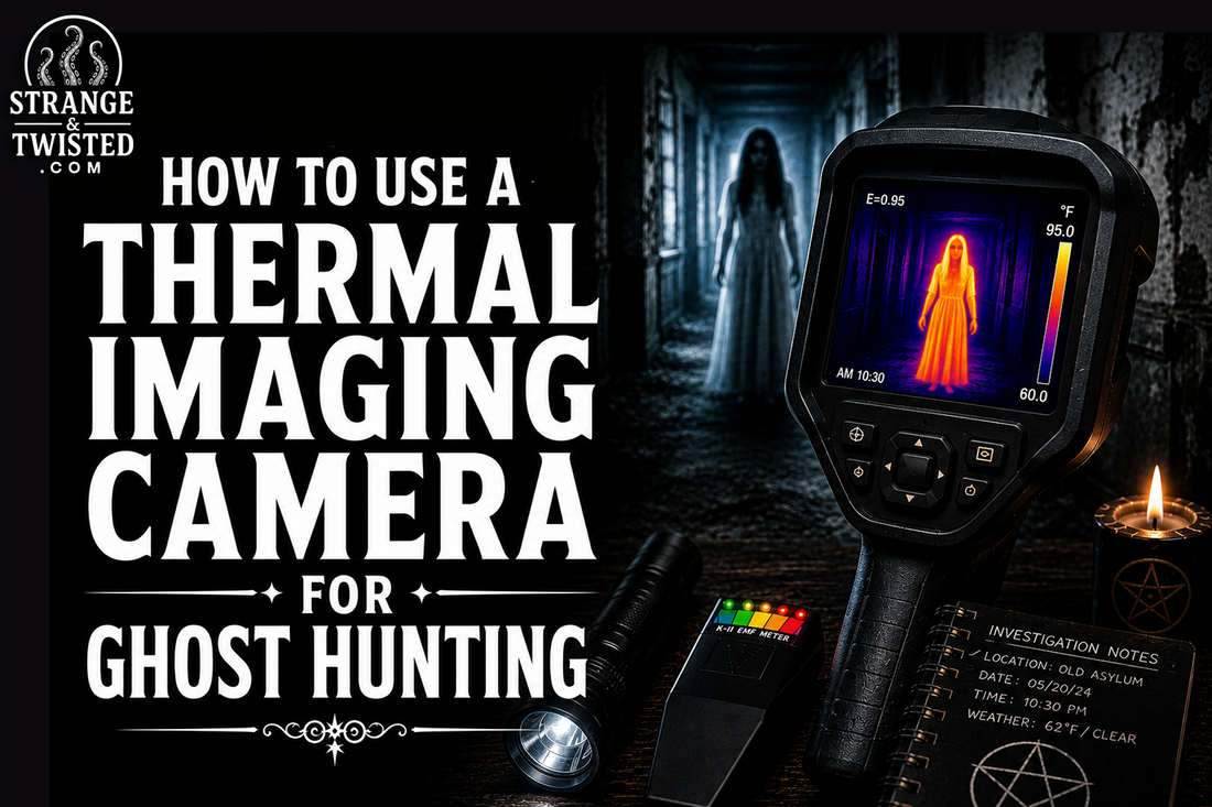Cinematic paranormal investigation banner featuring the text “HOW TO USE A THERMAL IMAGING CAMERA FOR GHOST HUNTING” beside a thermal scanner, ghostly apparition, EMF meter, and haunted corridor.