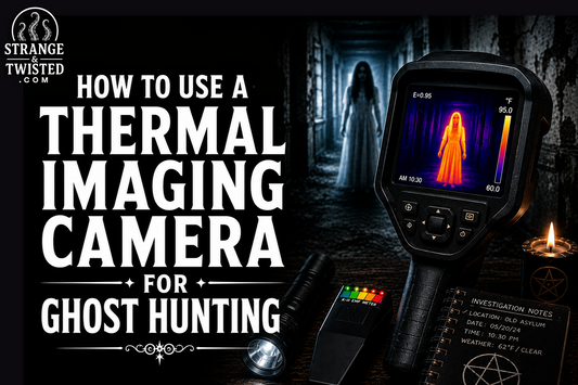 Cinematic paranormal investigation banner featuring the text “HOW TO USE A THERMAL IMAGING CAMERA FOR GHOST HUNTING” beside a thermal scanner, ghostly apparition, EMF meter, and haunted corridor.