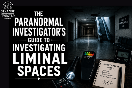 Cinematic paranormal investigation banner featuring the text “THE PARANORMAL INVESTIGATOR'S GUIDE TO INVESTIGATING LIMINAL SPACES” inside an eerie abandoned liminal hallway with ghost hunting equipment.