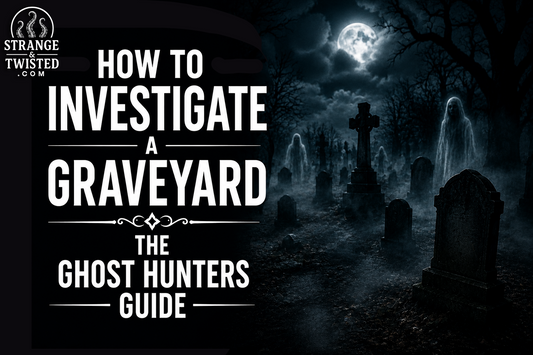 Cinematic paranormal graveyard banner featuring the text “HOW TO INVESTIGATE A GRAVEYARD THE GHOST HUNTERS GUIDE” with ghostly apparitions, moonlit tombstones, and eerie cemetery atmosphere.