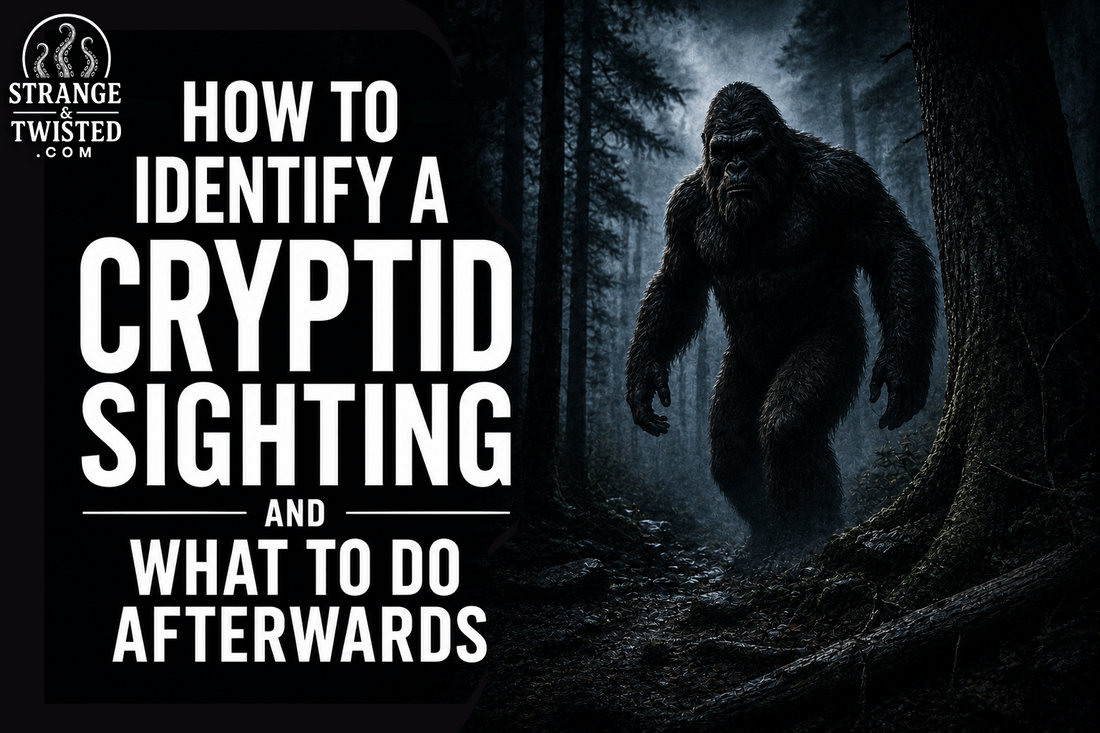Cinematic cryptid investigation banner featuring the text “HOW TO IDENTIFY A CRYPTID SIGHTING AND WHAT TO DO AFTERWARDS” with a realistic Bigfoot emerging from a dark forest at night.