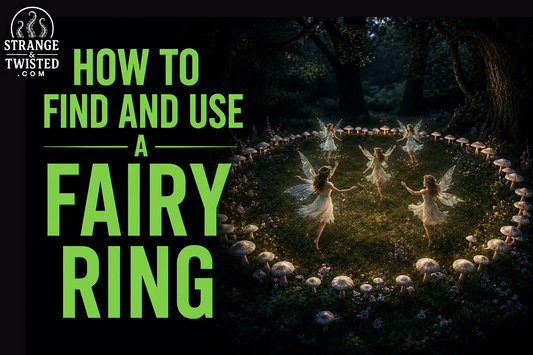 How to find and use a fairy ring guide by Strange & Twisted featuring a fairy ring and dancing fairies in a folklore art style.