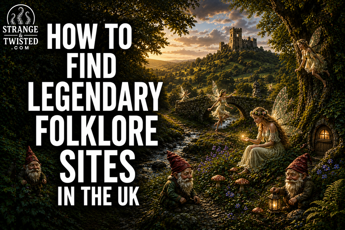 Fantasy folklore hero image showing the words “HOW TO FIND LEGENDARY FOLKLORE SITES IN THE UK” beside magical fairies, woodland gnomes, and a mystical British countryside landscape.