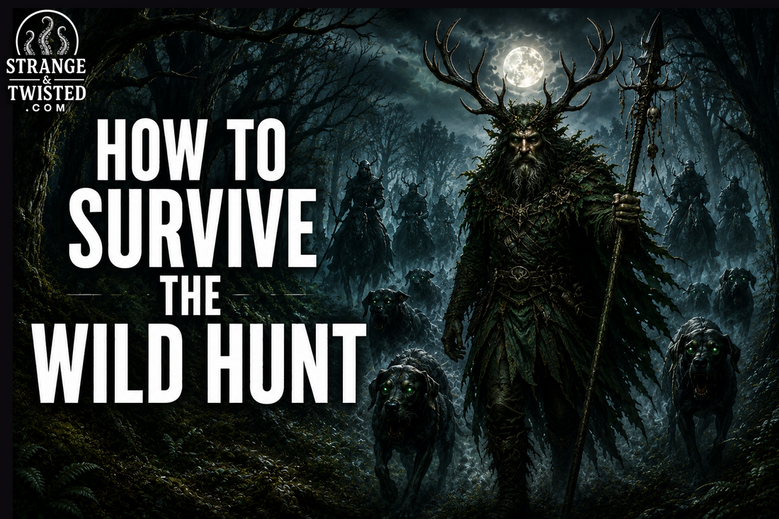 Dark fantasy hero image showing the words “HOW TO SURVIVE THE WILD HUNT” beside Herne the Hunter leading the Wild Hunt through an eerie haunted woodland.