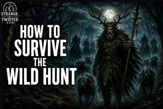 Dark fantasy hero image showing the words “HOW TO SURVIVE THE WILD HUNT” beside Herne the Hunter leading the Wild Hunt through an eerie haunted woodland.