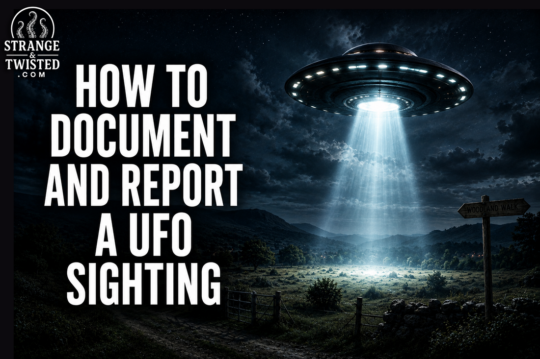 Sci-fi paranormal hero image showing the words “HOW TO DOCUMENT AND REPORT A UFO SIGHTING” beside a hovering UFO illuminating the ground beneath a star-filled night sky.