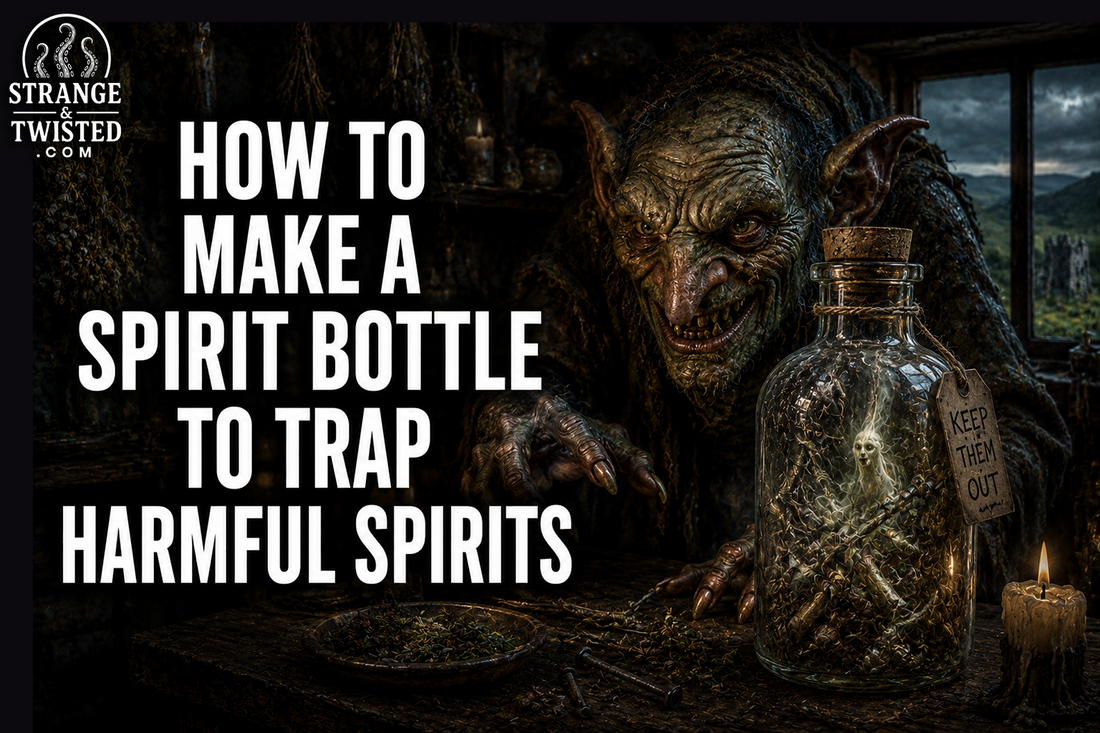 Cinematic dark folklore banner featuring the text “HOW TO MAKE A SPIRIT BOTTLE TO TRAP HARMFUL SPIRITS” with a realistic Welsh goblin troll and an eerie spirit bottle filled with supernatural objects.