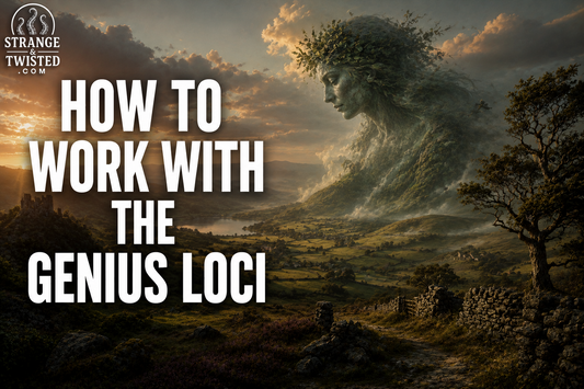 Cinematic folklore banner featuring the text “HOW TO WORK WITH THE GENIUS LOCI” with a giant guardian spirit watching over a peaceful countryside landscape at sunset.
