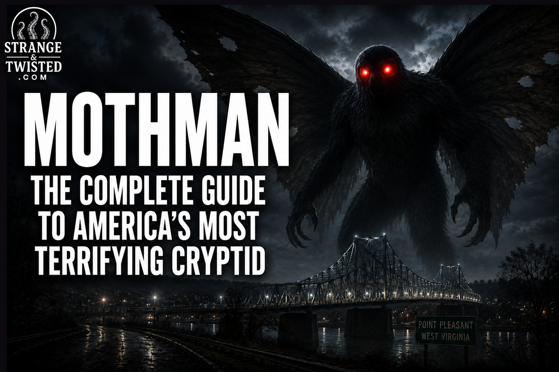Cinematic cryptid horror banner featuring the text “MOTHMAN THE COMPLETE GUIDE TO AMERICA'S MOST TERRIFYING CRYPTID” with a giant Mothman standing above the Silver Bridge with glowing red eyes.