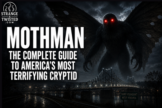 Cinematic cryptid horror banner featuring the text “MOTHMAN THE COMPLETE GUIDE TO AMERICA'S MOST TERRIFYING CRYPTID” with a giant Mothman standing above the Silver Bridge with glowing red eyes.